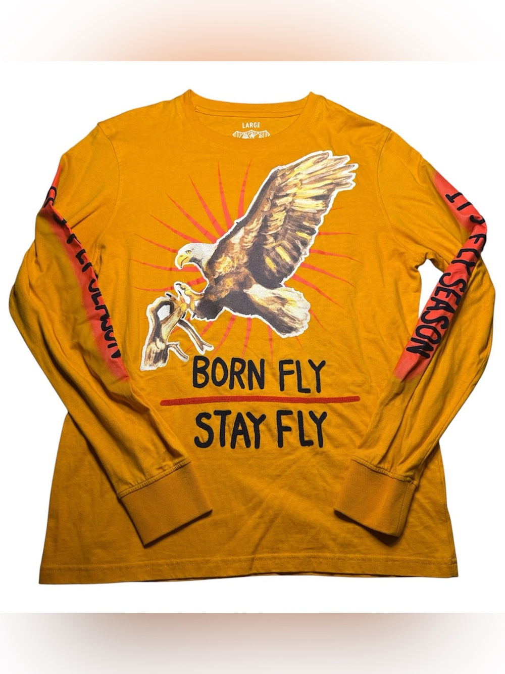 Born Fly Stay Fly Eagle & Bear Graphic Long sleeve Mens Large Yellow
